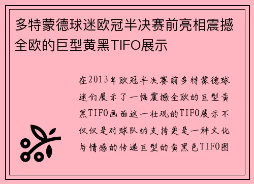 多特蒙德球迷欧冠半决赛前亮相震撼全欧的巨型黄黑TIFO展示