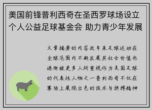 美国前锋普利西奇在圣西罗球场设立个人公益足球基金会 助力青少年发展